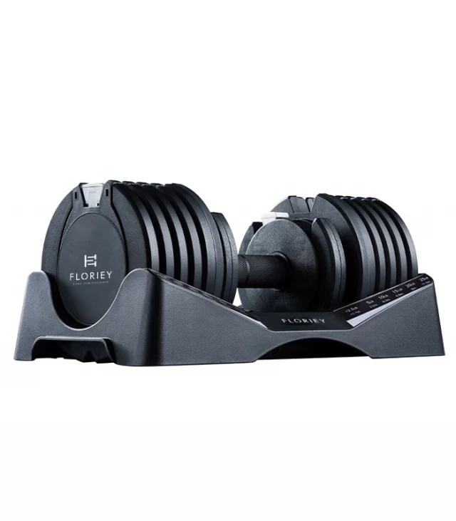 27.5lb black adjustable dumbbell from T9 series placed in a storage holder