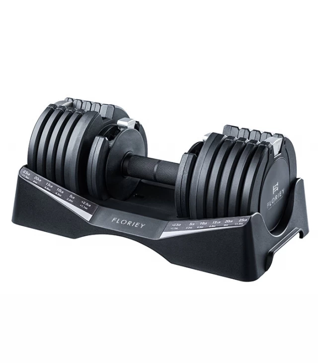 Side view of 27.5lb black adjustable dumbbells from T9 series in a compact design