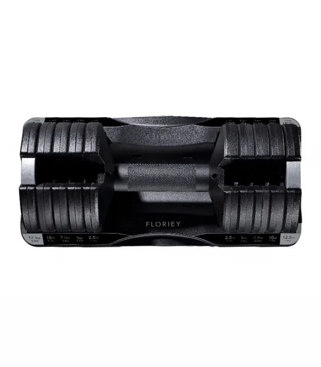 Top view of 12.5lb adjustable dumbbell in its holder