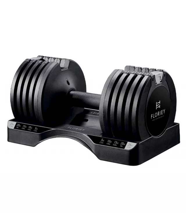 25lb black adjustable dumbbell set placed in a cradle, ideal for home gym setups