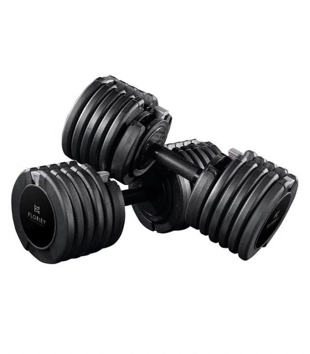 Various angles of the black adjustable dumbbell set from the T9 series.