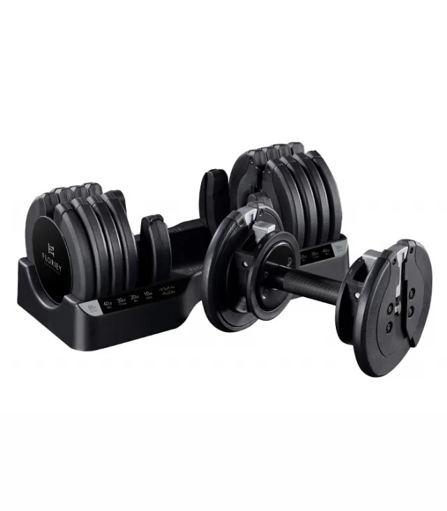 Various angles of the black adjustable dumbbell set from the T9 series.