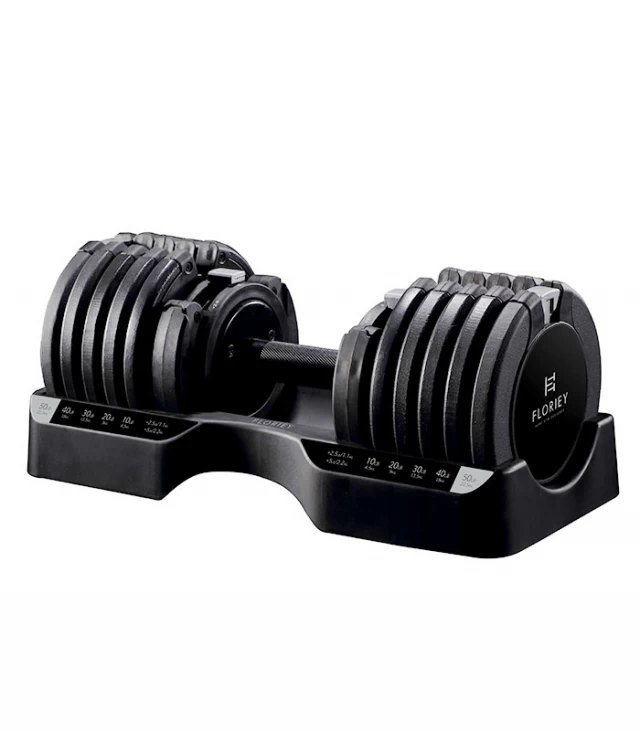 Various angles of the black adjustable dumbbell set from the T9 series.