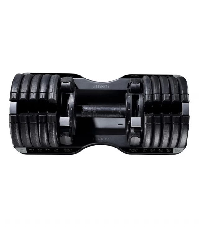 Various angles of the black adjustable dumbbell set from the T9 series.