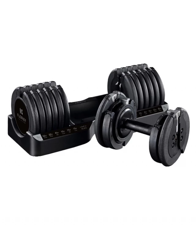 Various angles of the 75lb adjustable dumbbell set with selectable weights by Floriey