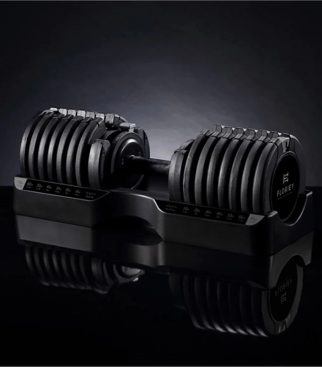 75lb adjustable dumbbell set in black by Floriey on a reflective surface