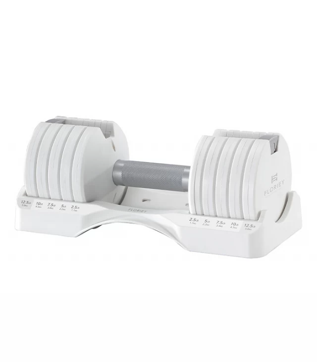 12.5lb white adjustable dumbbell set in a storage cradle