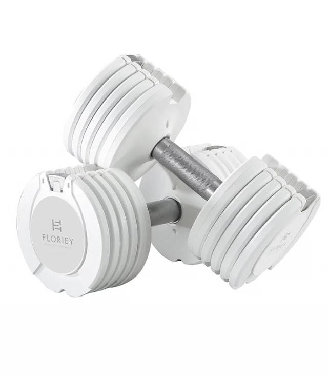 25lb white adjustable dumbbells from T9 series showcasing their sleek design and weight options