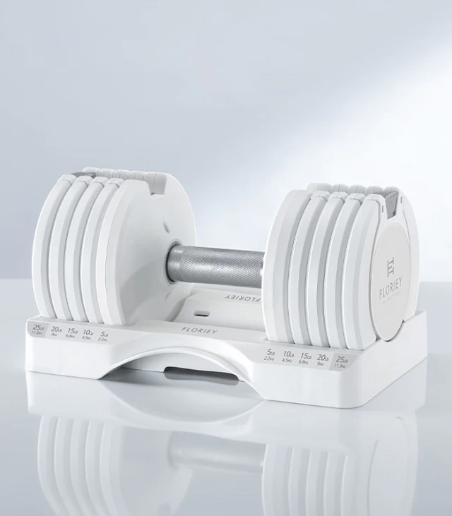 25lb white adjustable dumbbell set from T9 series on a reflective surface, ideal for home gyms