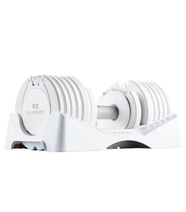 Side view of 27.5lb white adjustable dumbbells from T9 series in a sleek design