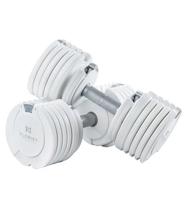 Top view of 27.5lb white adjustable dumbbells from T9 series, showcasing weight options