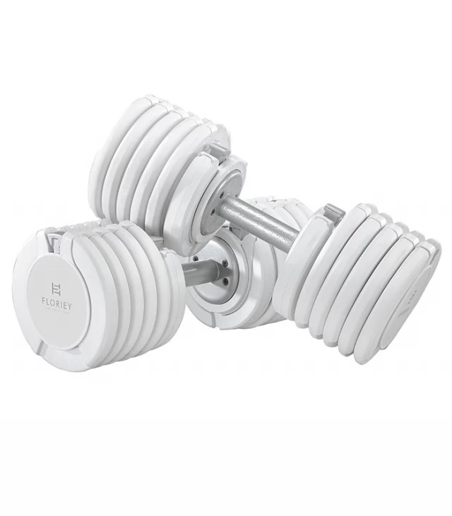 Comparison of two white adjustable 55lb dumbbells from the T9 Series.