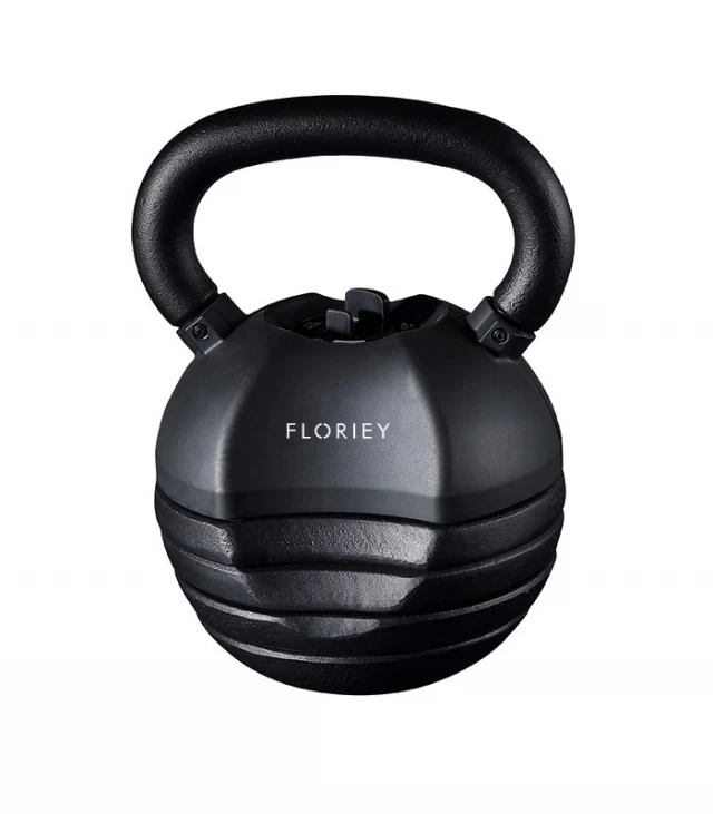 40lb black adjustable kettlebell by Floriey, side angle.