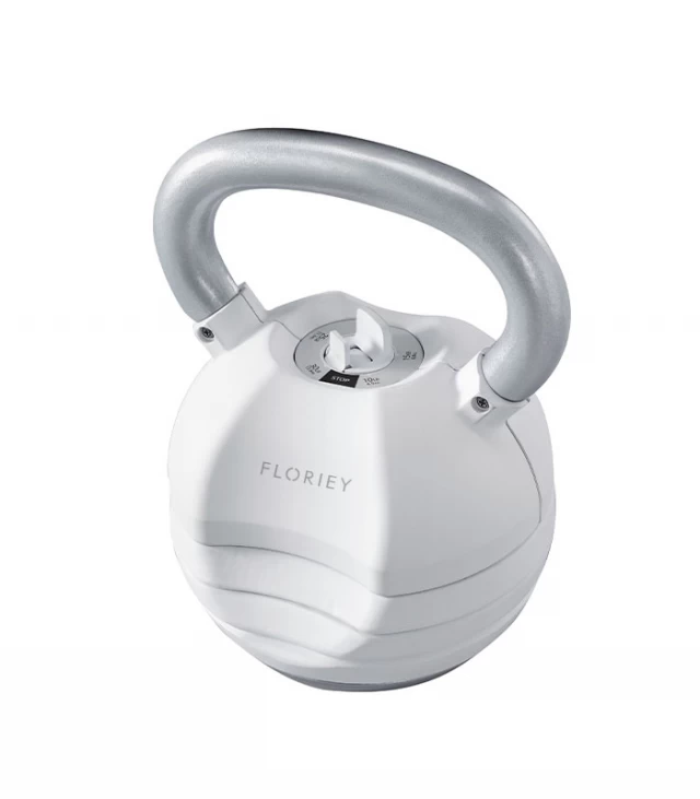 Angled view of 30lb white adjustable kettlebell for strength training by Floriey